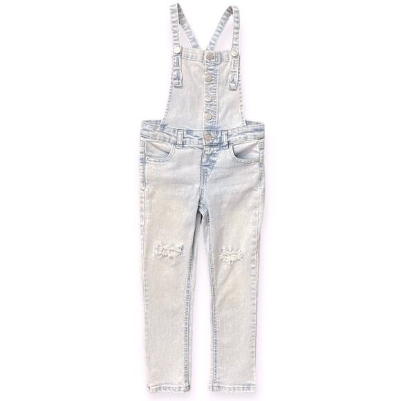 Cat & Jack Girl’s Light Wash Distressed Button Front Bib Denim Overalls XS 4/5 - Picture 1 of 14